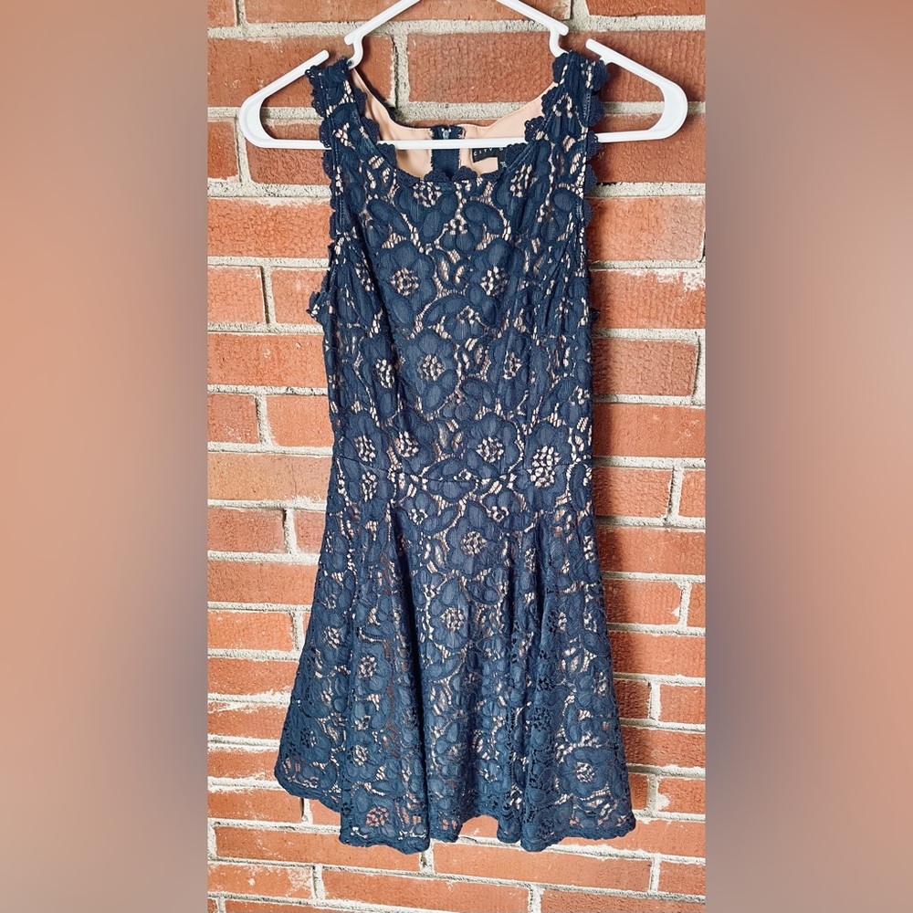 City Studio Midnight Blue Lace Dress with attached nude slip underneath